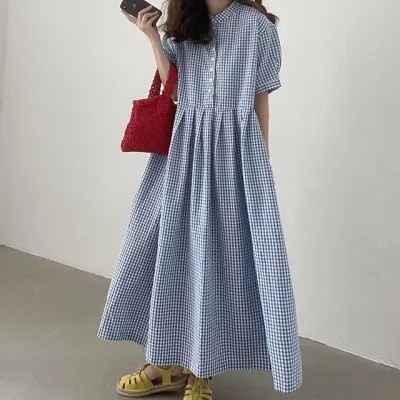 シャツワンピース 半袖 レディース ワンピース チェック柄ワンピース ロングワンピース 夏服 フリル Aラインワンピース 入学式 大人