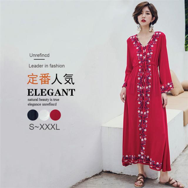 夏新作 レディース ワンピース マキシワンピ リゾート 夏 長袖 ビーチワンピース フレア Vネック 民族風 海外旅行 リゾート 海デート 刺の通販はau Pay マーケット ヨシコ商事