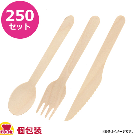 アサヒグリーン 木製スプーン・フォーク・ナイフセット 160mm 未晒紙完封 250セット（送料無料、代引不可）の通販は 8,260円