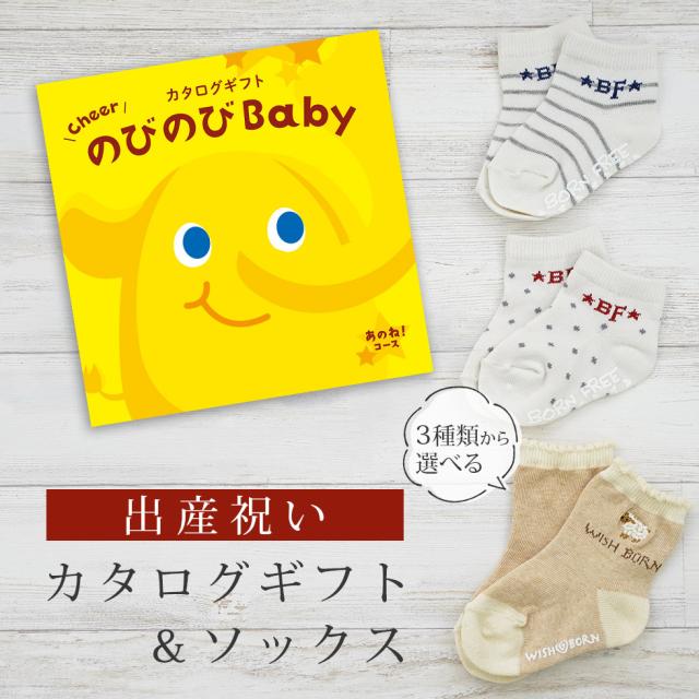 出産祝い カタログギフト のびのび Baby あのね！コース＆ソックス セット＜新作商品＞【靴下 3種から選べる 11cm 12cm 13cm 日本製 御祝 御祝い お祝い 男の子 女の子 赤ちゃん ベビー 育児グッズ 友達 人気 ギフトセット ビセラ シャディ】