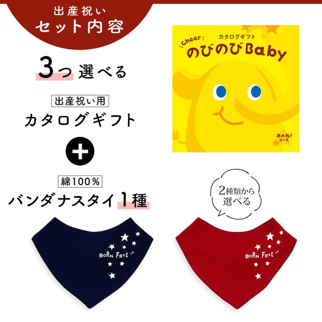 出産祝い カタログギフト のびのび Baby 3つ選べる あのね！コース＆バンダナスタイ セット＜新作商品＞【ビブ bib 色が選べる 赤 紺 よだれかけ 日本製 御祝 御祝い お祝い 男の子 女の子 赤ちゃん ベビー 育児グッズ 友達 人気 ギフトセット ビセラ シャディ】_2