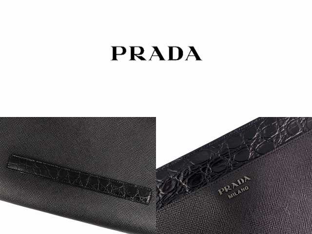 PRADA プラダ ドキュメントホルダー サフィアーノ レザー x リアルクロコダイル ビジネス ロゴ メンズ 男 新品 ★ ブラック I484..