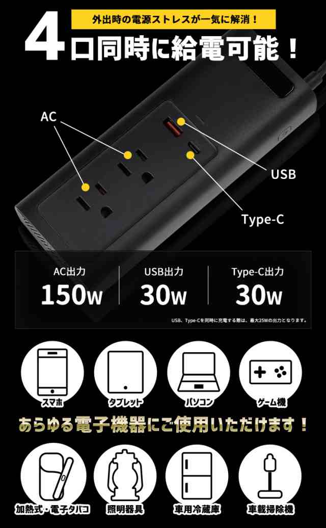 カーインバーター 150w 12V 車 専用 カーチャージャー USB 充電 車内 100V 電源 パソコン 災害 緊急 AC 地震 震災 防災  4ポートの通販はau PAY マーケット - ユアーズ