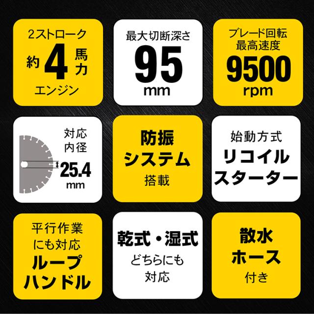 エンジンカッター 電動 ハンドカッター パワーカッター 散水ホース ループハンドル 防振システム 4馬力 最大切断深さ95mm 乾式 湿式 sg069_2
