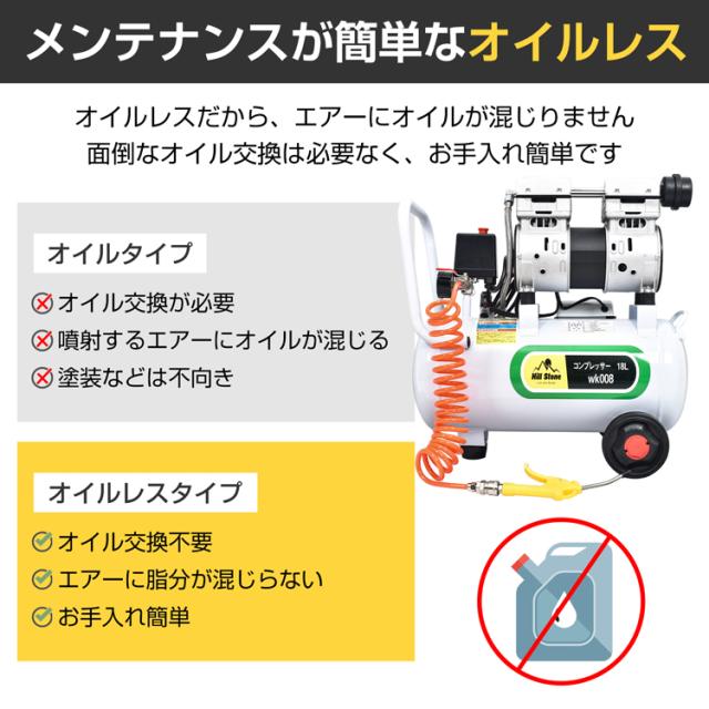 エアーコンプレッサー 18L コンプレッサー 100V エアーホース エアーダスター エアーブローガン オイルレス ブラシレスモーター ワンタッチカプラー 大径ファン ハンドル付き タイヤ付き 低騒音 電動空気入れ wk008_3