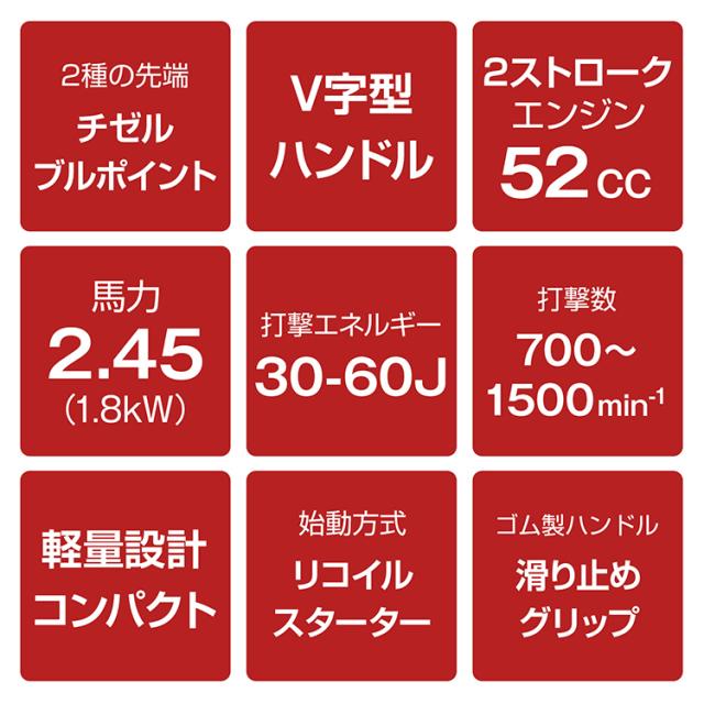 エンジンブレーカー エンジン式 ブレーカー はつりハンマー ジャックハンマー 2サイクル 2種アタッチメント付 チゼル ブルポイント 排気量52cc 軽量 コードレス 削岩機 工事 道路 剥がし ハツリ 破砕 解体 溝堀り 根切り コンクリート wk022_3
