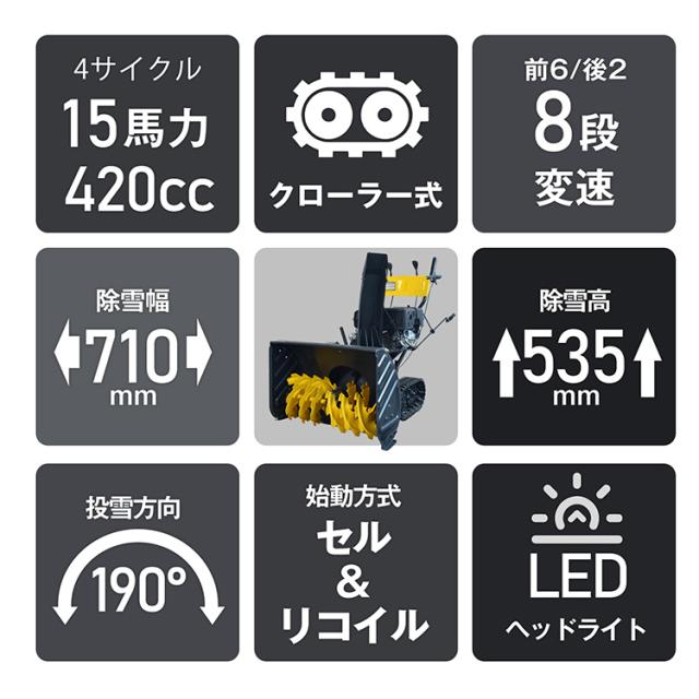 エンジン 除雪機 電動 除雪 15馬力 強力 ハイパワー 自走式 4サイクル LED ライト クローラー 除雪幅710mm 71cm 除雪高535mm 53.5cm 投雪方向190度 8段変速 セル リコイル 雪かき 雪掻き 家庭用 業務用 wk035_2