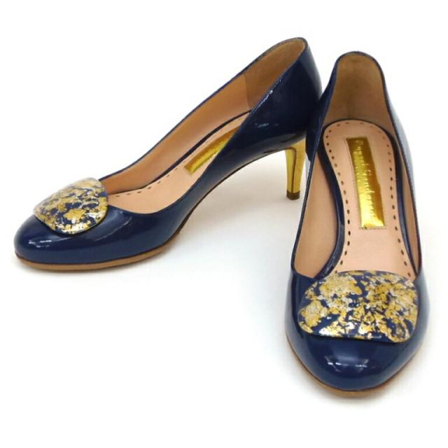 Rupert Sanderson パンプス ネイビー×ゴールド パテント 34(56290)