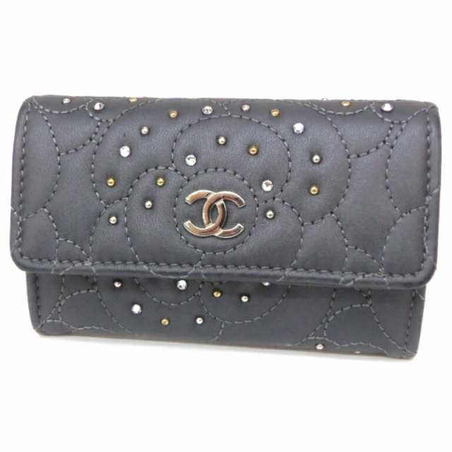 シャネル CHANEL コインケース カードケース カメリア ラインストーン チャコールグレー ラムスキン 【中古】(57600)