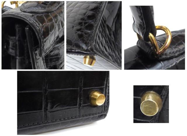 エルメス HERMES ハンドバック ケリー28 外仕立てもの G金具 □G目じるし 黒 クロコダイル アリゲーター 【中古】(61298)