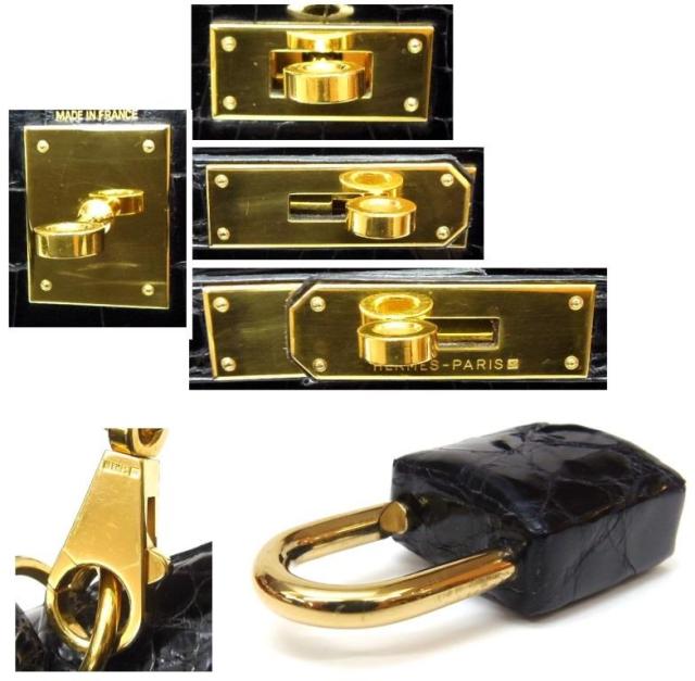 エルメス HERMES ハンドバック ケリー28 外仕立てもの G金具 □G目じるし 黒 クロコダイル アリゲーター 【中古】(61298)