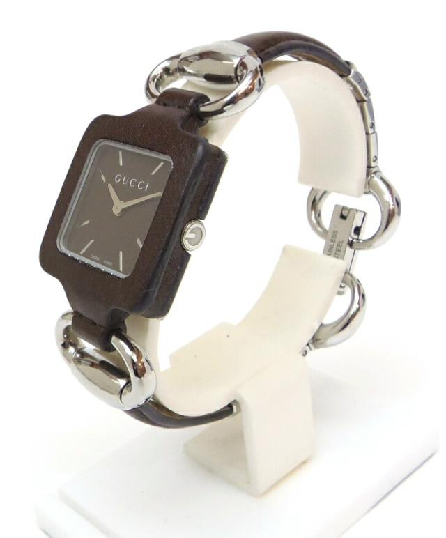 GUCCI レディース 腕時計 クオーツ SS レザー ブラック文字盤 5500L 新品同様 グッチ 6100L クオーツ 腕時計 SS⁄レザー ブラック 黒文字盤