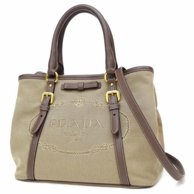 PRADA ﾊﾝﾄﾞﾊﾞｯｸﾞ 2WAY ﾛｺﾞ ｼﾞｬｶﾞｰﾄﾞ ﾌﾞﾗｳﾝ ｷｬﾝﾊﾞｽ×ﾚｻﾞｰ 【中古】(62434