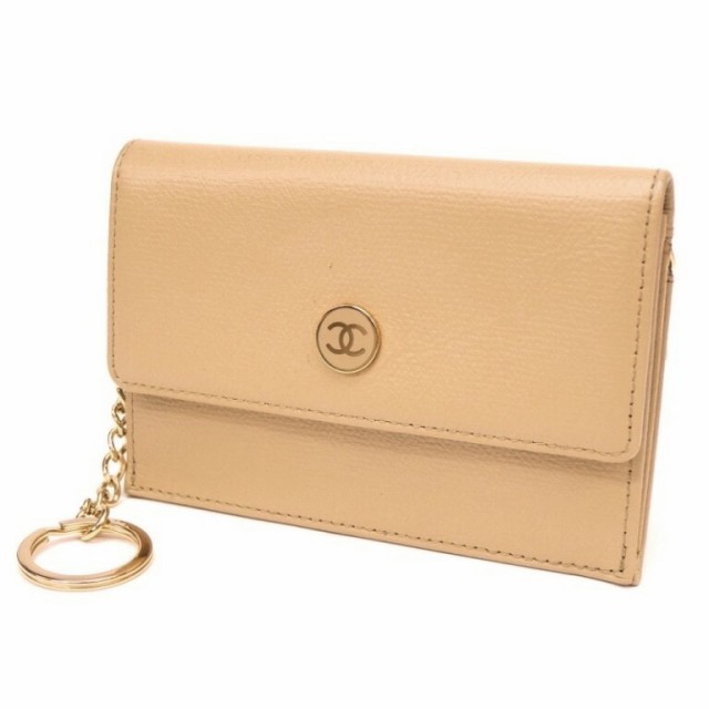 CHANEL キーリング付き財布 カードケース ココマーク ベージュ レザー 【中古】(62788)