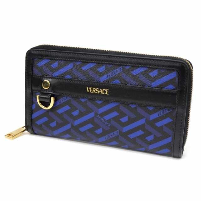 VERSACE 長財布 ラウンドファスナー ラ グレカ シグネチャー 黒×ブルー 【中古】(63500)