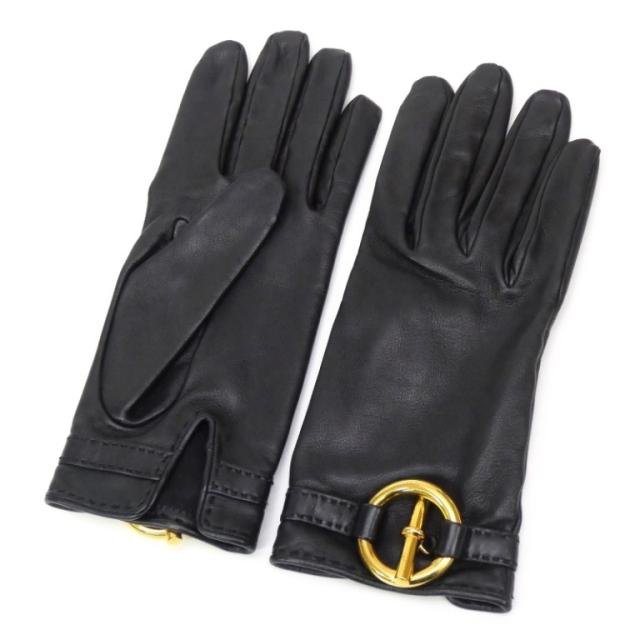 エルメス HERMES レザーグローブ G金具 黒 ラムレザー 【中古】(66998)