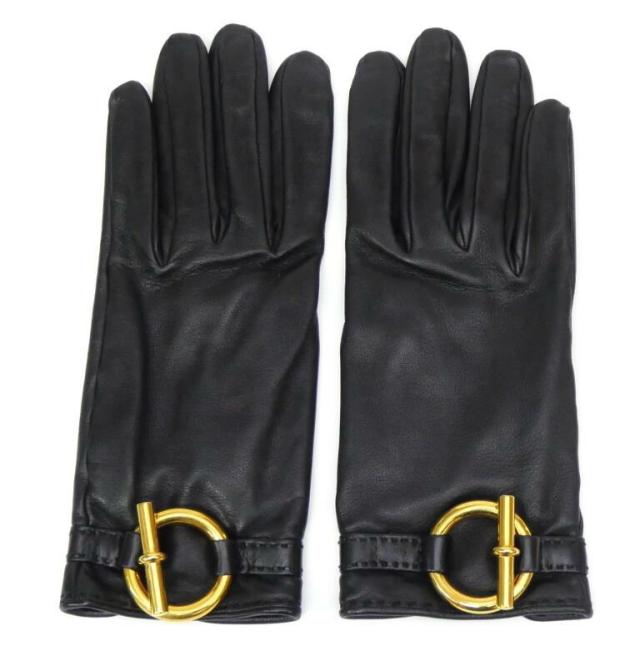 エルメス HERMES レザーグローブ G金具 黒 ラムレザー 【中古】(66998)_1