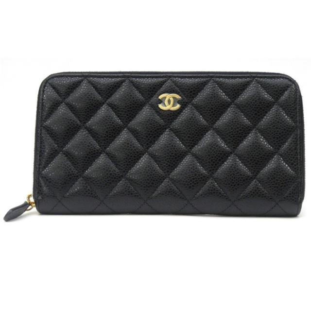 シャネル CHANEL 長財布 ラウンドファスナー ココマーク マトラッセ 黒 キャビアスキン 【中古】(69243)