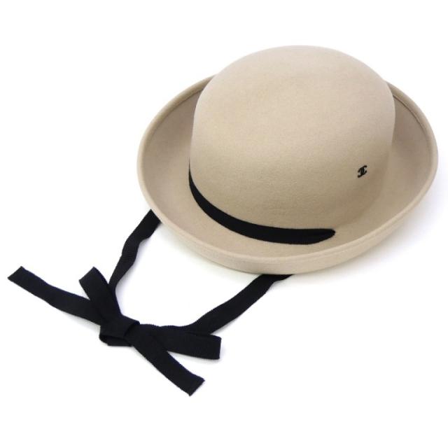 シャネル CHANEL ラビットファーフェルトハット リボン付き 紐付き帽子 ベージュ 【中古】(69632)