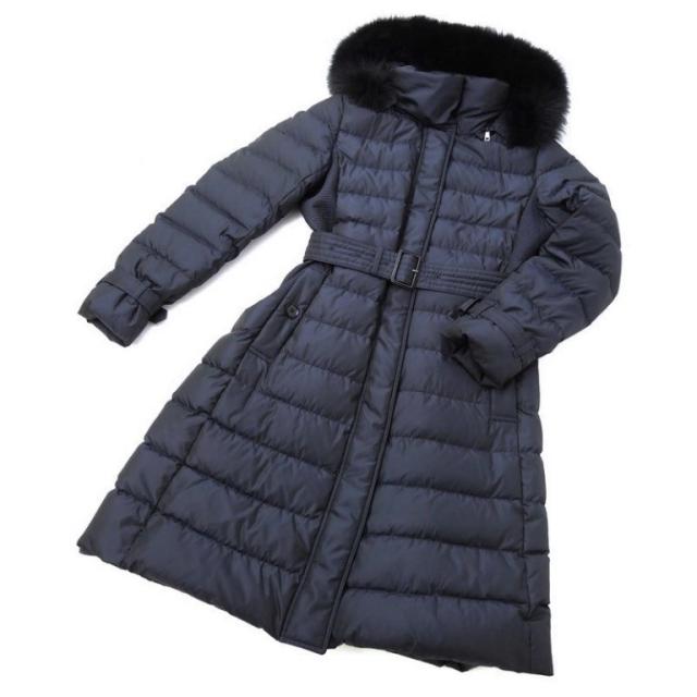 バーバリーロンドン BURBERRY LONDON フード付きダウンコート フォックスファー ベルト ネイビー 【中古】(69754)