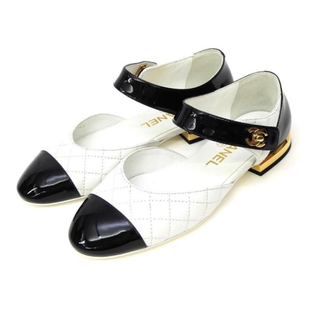 シャネル CHANEL メリージェーン バイカラー フラットパンプス ストラップ 黒×白 パテント×レザー 35C(70469)