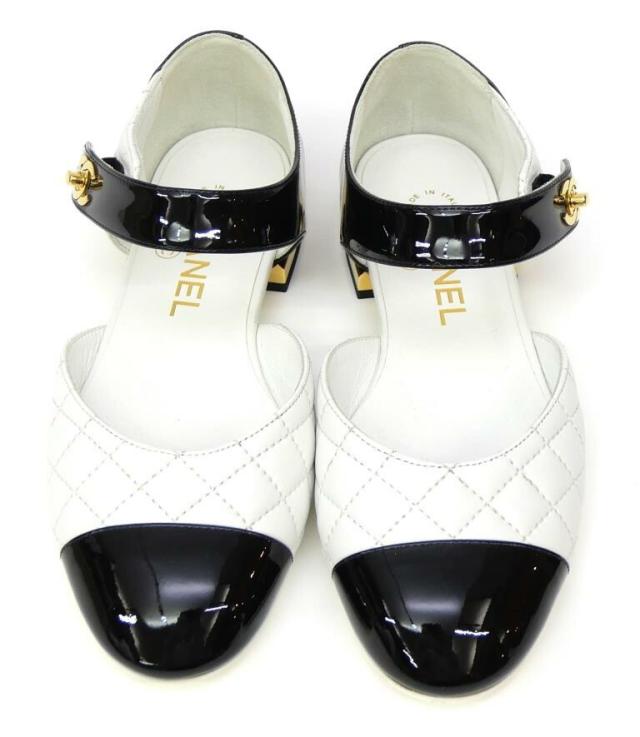 シャネル CHANEL メリージェーン バイカラー フラットパンプス ストラップ 黒×白 パテント×レザー 35C(70469)_1