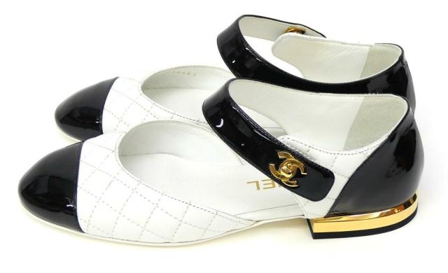 シャネル CHANEL メリージェーン バイカラー フラットパンプス ストラップ 黒×白 パテント×レザー 35C(70469)_2