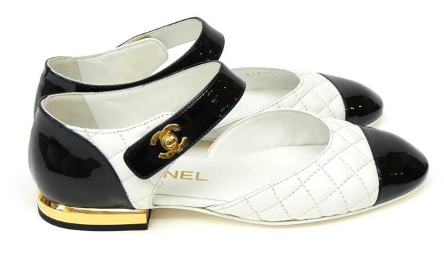 シャネル CHANEL メリージェーン バイカラー フラットパンプス ストラップ 黒×白 パテント×レザー 35C(70469)_3
