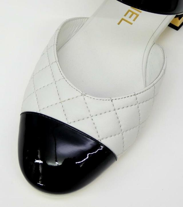 シャネル CHANEL メリージェーン バイカラー フラットパンプス ストラップ 黒×白 パテント×レザー 35C(70469)_6