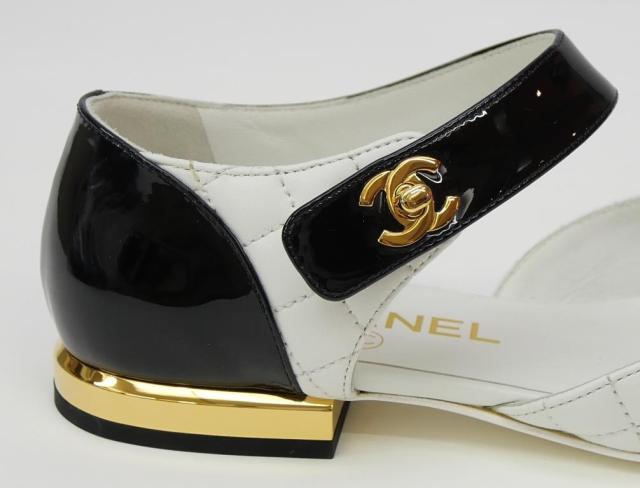 シャネル CHANEL メリージェーン バイカラー フラットパンプス ストラップ 黒×白 パテント×レザー 35C(70469)_7