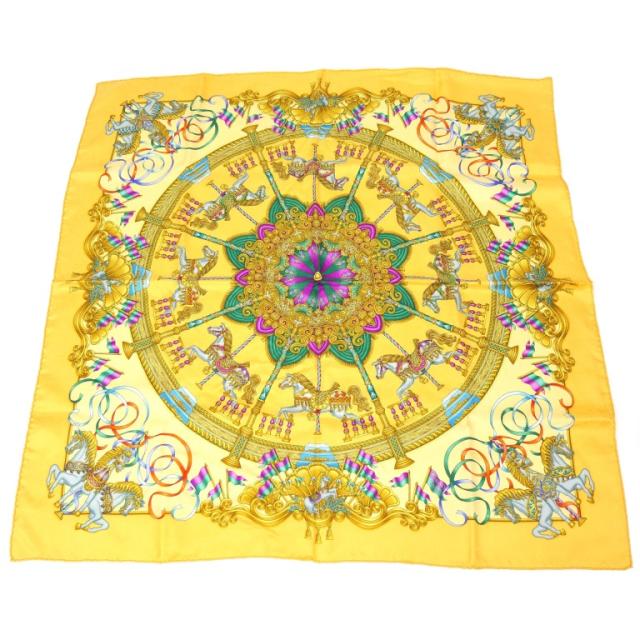 エルメス HERMES スカーフ カレ90 LUNA PARK 遊園地 イエロー シルク100％ 【中古】(70545)