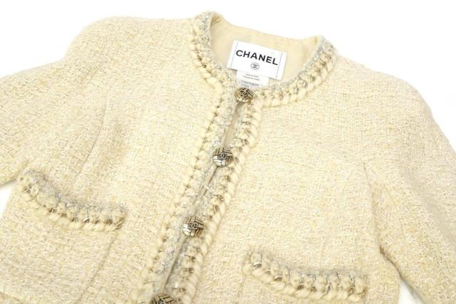 シャネル CHANEL ツイードノーカラージャケット ココボタン オフホワイト 【中古】(70610)_4