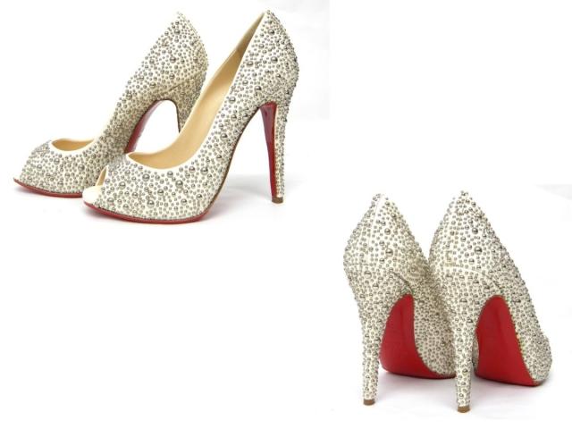 クリスチャン・ルブタン Ｌｏｕｂｏｕｔｉｎ 靴 パンプス オープントゥ アイボリー スタッズ ３８ 【中古】(22813)_1