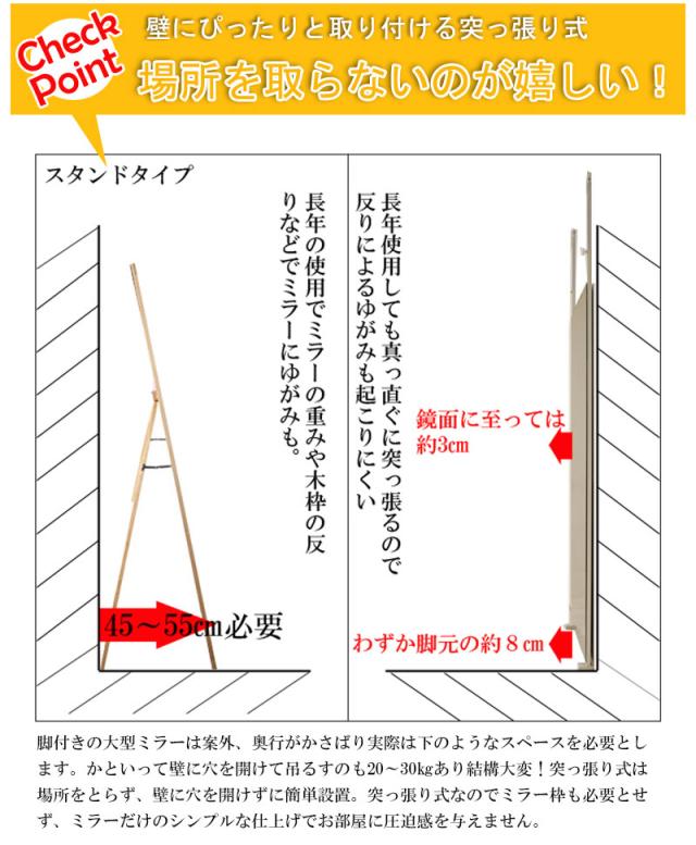 ＼ポイント消化！／ 突っ張り壁面ミラー 幅30ｃｍ ホワイト色 シルバー色 全身ミラー_8