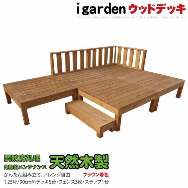 天然木製ウッドデッキ　1.25坪　フェンス＆ステップセット　ブラウン□　[9点セット]　5d3f1s　要防腐処理　N90B|　脱炭素化
