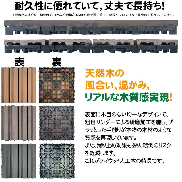 ウッドパネル ウッドタイル 30x30cm 28枚 ブラック 正方形 厚み2.5cm アイウッド人工木 樹脂製 ジョイント式 腐らない 置くだけ簡単設置 ベランダタイル スノコ 屋外 屋内兼用 庭 ウッドデッキ タイルパネル_2