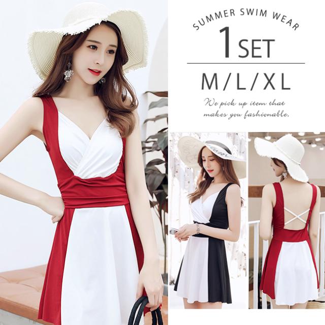 2個購入10 Offクーポン配布中 水着 レディース ワンピース 配色 バイカラー Aライン スカート付き 太もも 体型カバー ノンワイヤー バッの通販はau Pay マーケット Brilliant