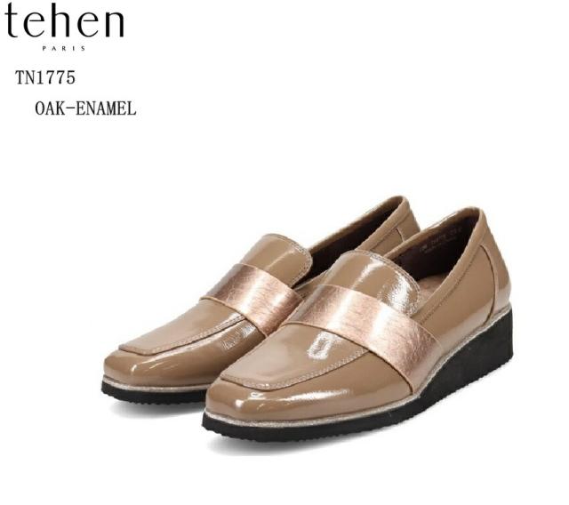 TN1775 tehen (テーン) きれいめマニッシュウェッジヒールカジュアルローファーシューズ  レディス クッションインソールで履き心地抜群 グリッターの付いたピースやシャイニーな素材がエレガント