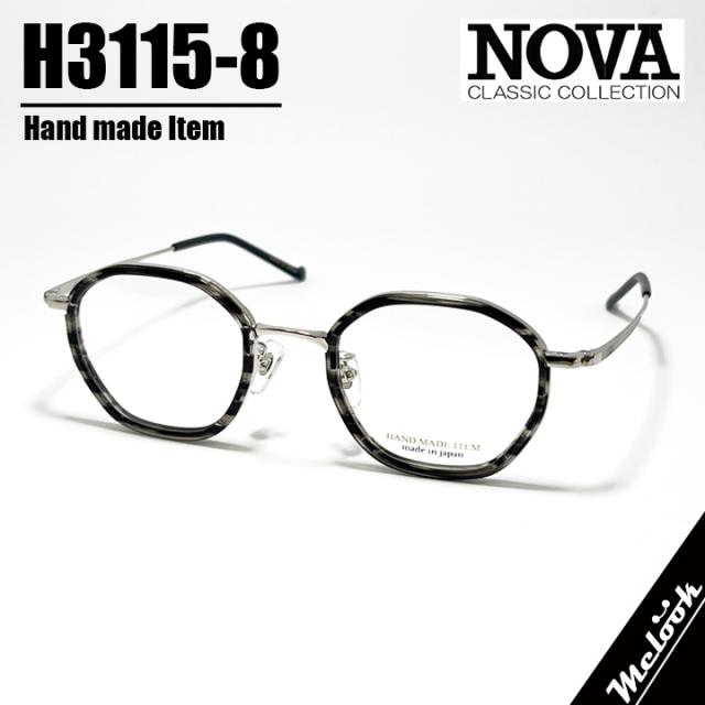 NOVA ノヴァ HAND MADE ITEM ハンドメイド 国産 ラウンド ボストン クラシック 眼鏡 メガネ フレーム サングラス H3115-8-45 度付可 クリアグレーマーブル / シルバー リビジョン製レンズでお好きなサングラス作成可能