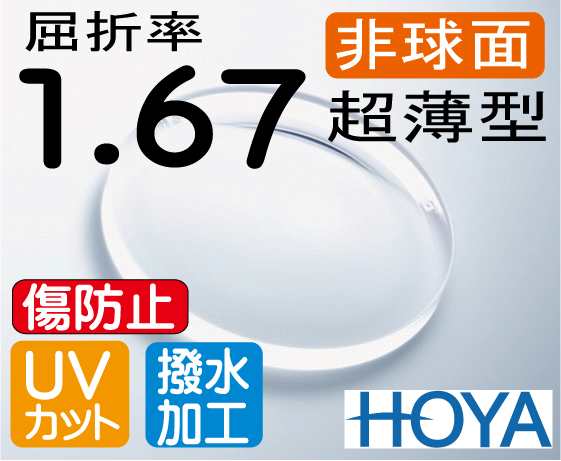 HOYA 非球面1.67超薄型レンズＵＶカット、傷防止コート付（2枚価格) レンズ交換のみでもOK