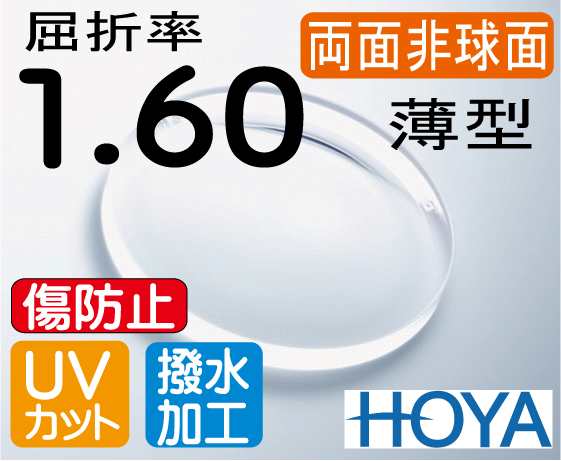 HOYA 両面非球面1.60 傷防止レンズ違和感が最も少ない薄型レンズＵＶカット、超撥水コート付（2枚価格) レンズ交換のみでもOK