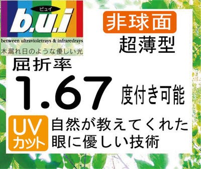 Bui ビュイレンズ UVカット眼精疲労予防レンズ 非球面1.67 度付き対応