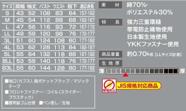 つなぎ服 1-8877 AUTO-BI 長袖 帯電防止加工 JIS規格対応 日本製生地 山田辰 作業服 作業着 オールシーズン 4L-5L