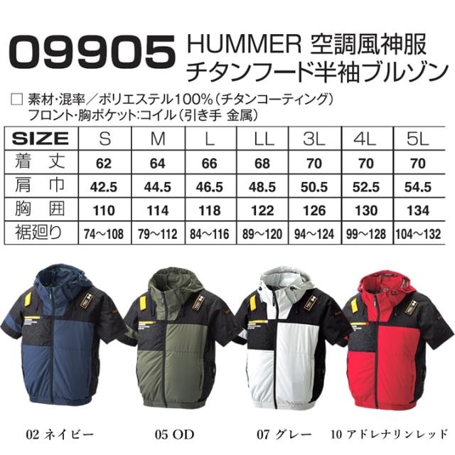 【即日発送】HUMMER ハマー 2025年 空調ウェア サイドファン 半袖ジャンバー 9905 バッテリー＆ファンセット クロダルマ KS-100 エアーセンサー 遮熱効果 熱中症対策 撥水加工 男女兼用 フルハーネス フード付き 空調作業服 ファン付きウェア_9