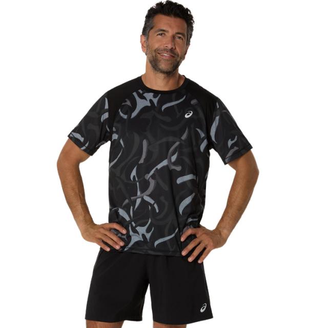 asics アシックス ROADランニンググラフィック半袖シャツ パフォーマンスブラック XS 2011D092 1 | スポーツ ウェア トップス Tシャツ 半袖 ハーフスリーブ ショートスリーブ 通気性 マラソン ランニング トレーニング 練習 メンズ