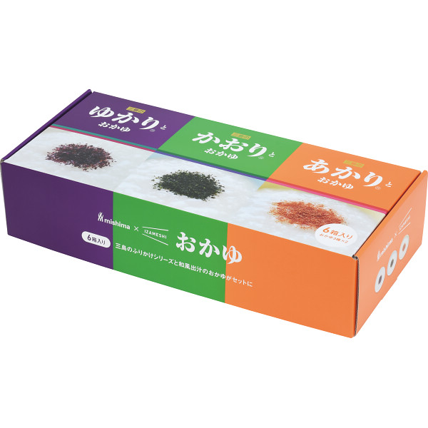 三島食品×ＩＺＡＭＥＳＨＩ 三島のゆかりＲ・かおりＲ・あかりＲとおかゆ6箱セット 652735 | 23-0324-089 食品 食べ物 詰め合わせ セット お供 ご飯 ふりかけ おかゆ 長期保存 イザメシ コラボ マルチ 万能 便利 贈答品 贈り物 お祝い ギフト プレゼント その他非常食