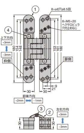 SUGATSUNE スガツネ工業 三次元調整機能付隠し丁番 DX61 170-098-221