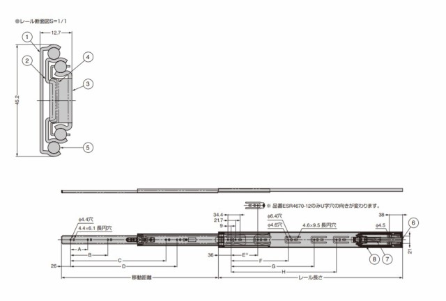 SUGATSUNE スガツネ工業 ステンレス鋼製スライドレール ESR4670 セルフ