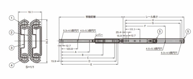 SUGATSUNE スガツネ工業 ステンレス鋼製スライドレール SNS35W レール長さ：移動距離：A：B：C：D：E：F：G：H 190-112-239 SNS35W-70 | 