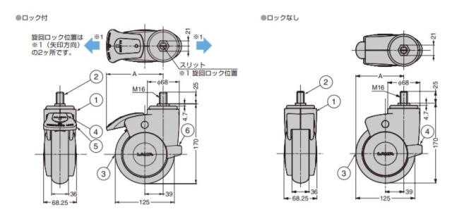 SUGATSUNE スガツネ工業 大型デザインキャスター MX-125N型 ねじ込みタイプ ロックなし 200-130-054 MX-125N16 | LAMP キャスター 大型デザイン 車輪 単輪 家具関連金物 脚部品 脚金具 取付 台車 医療機器 研究所機器 産業機器 電子設備_2